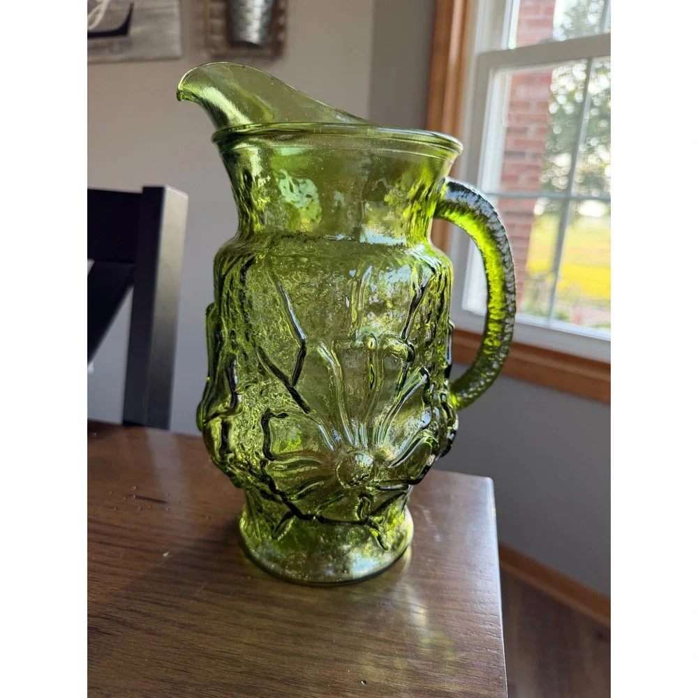 Vintage Anchor Hocking Rainflower Pitcher Avocado Green Glass 64oz Mid Century